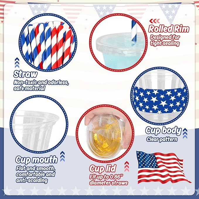 Whaline 100 Pcs 9Oz Patriotic Disposable Plastic Cups with Lids and Straws Red Blue 4th of July Star Stripe Cold Beverage Drinking Cups for Independence Day 250th Anniversary Party Supplies