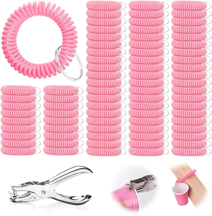 100 Pcs Pink Stretchable Wristband for Shot Cups Wrist Coil Keychain with Hole Puncher Plastic Wristlet Keychain Kit for Shot Tasting Glasses Sports Game Party Supplies