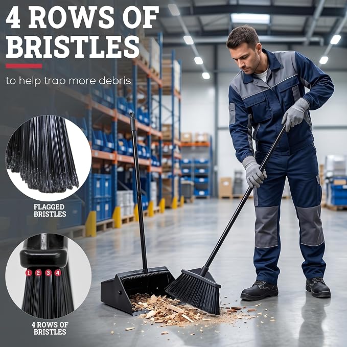 KLEEN HANDLER 48.5" Broom with Dustpan Combo Set with Long Handle for Home, Kitchen, Office, Lobby, Indoor/Outdoor Sweeping & Commercial Use, Black (1 Set)