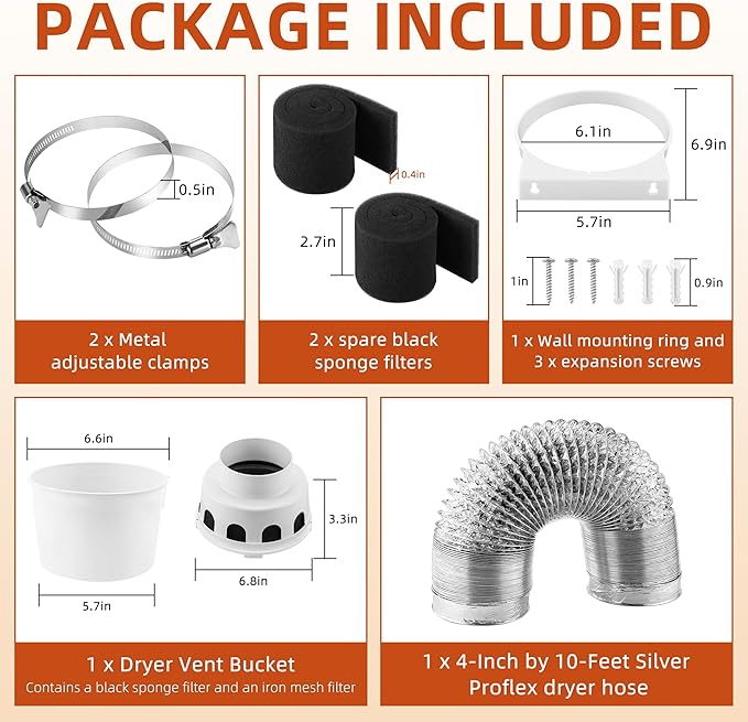 [Upgraded]AMI PARTS TDIDVKZW Indoor Dryer Vent Kit with 4-Inch by 10-Foot Proflex Duct, White, 4 Inch