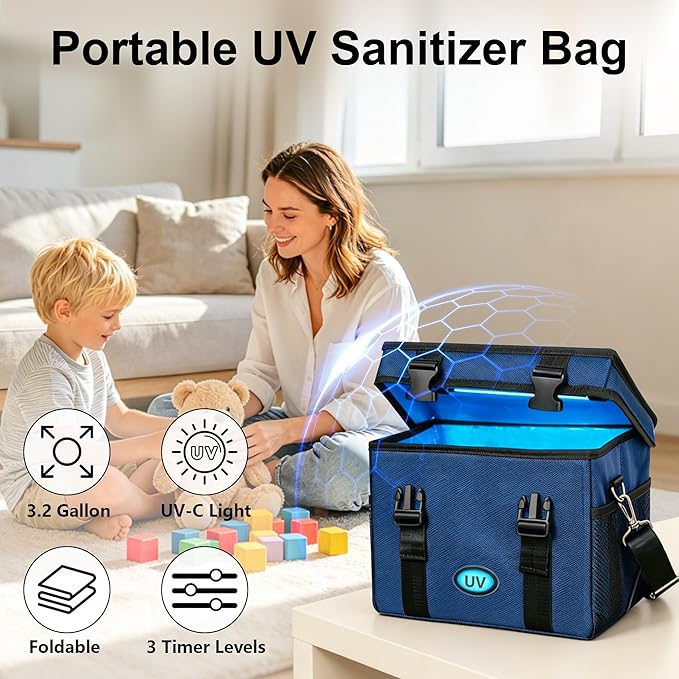 UV Sanitizer Box, 12L Portable Sanitizing and Cleaning Machine with 3-Level Timer, Foldable UV Cleaner Box for Toys, Mask, Towel, Key, UV Cleaning Machine Ozone Free