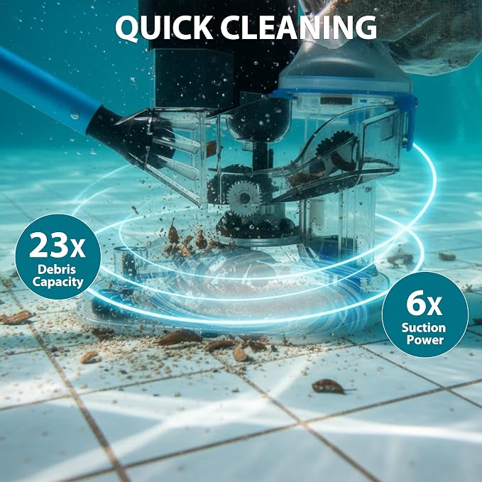 Cordless Pool Vacuum Cleaner, 24 GPM Powerful Suction Handheld Pool Cleaner with 75-Min Runtime, 20L Total Capacity (Two 10L Filter Bags) for Inground & Above Ground Pools, Hot Tubs