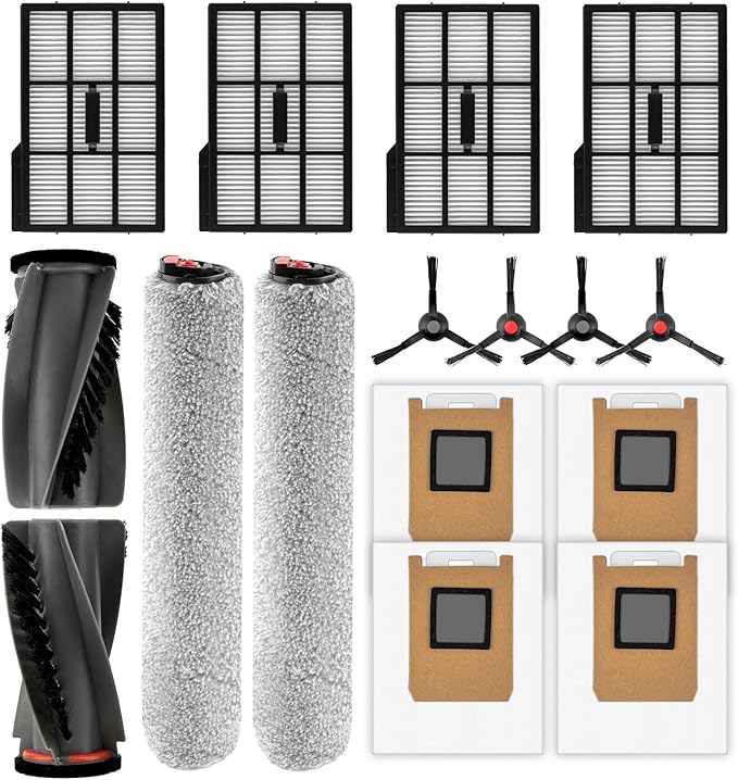 (16 Pack) E28 E25 Omni Replacement Parts Compatible with Eufy E28 Omni/ E25 Omni Robotic Vacuum Cleaner, 2 Roller Brushes, 2 Brush Rollers, 4 Side Brushes, 4 HEPA Filters, 4 Dust Bags, Accessories Kit