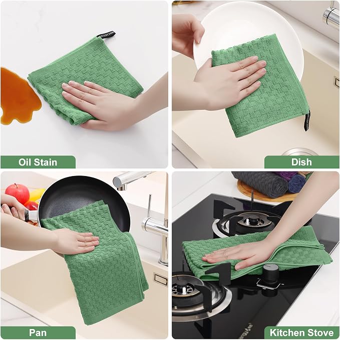 Homaxy 100% Cotton Kitchen Towels and Dishcloths Set, 12 x 12 & 15 x 25 Inches, Set of 16 Bulk Terry Cloth Dish Towels, Super Soft and Absorbent Hand Towel with Hanging Loop, Grass Green