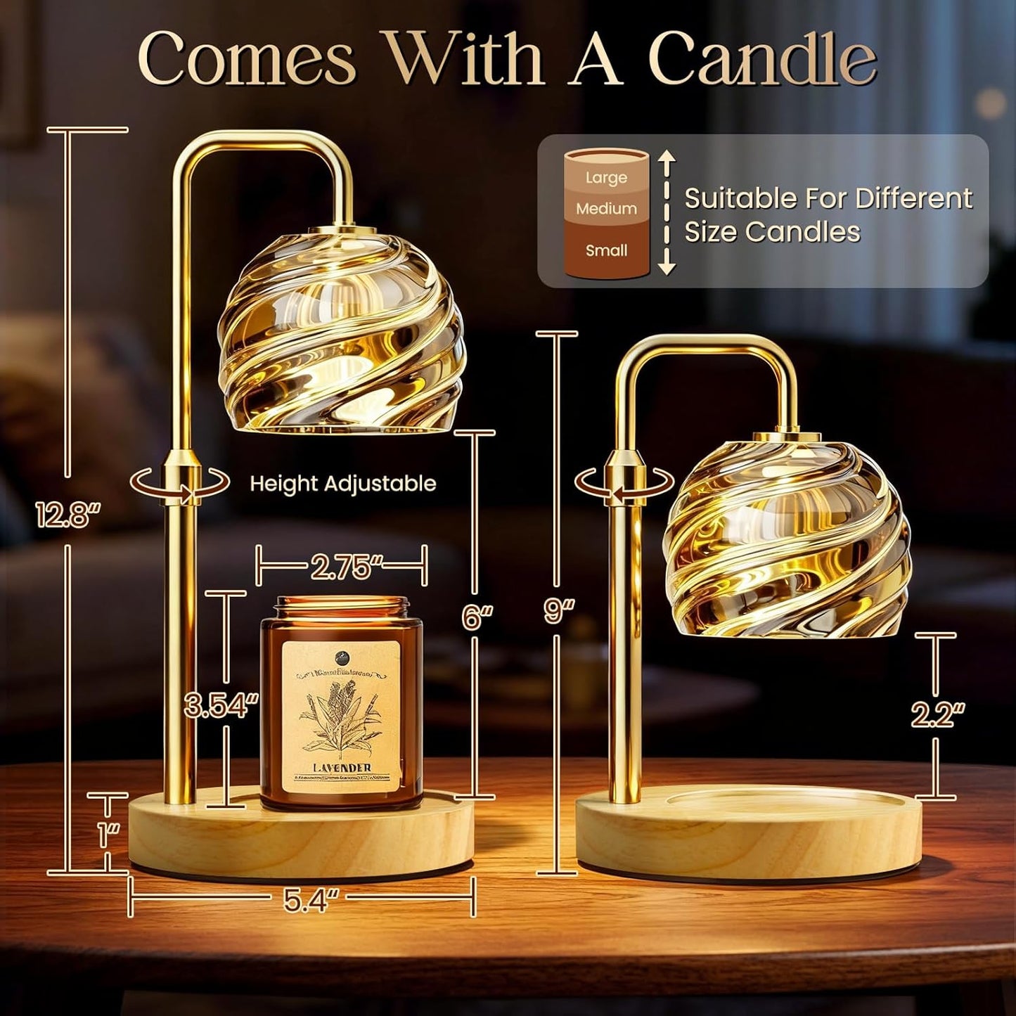 WarmEmbrace Candle Warmer Lamp with Lavender Candle Set, Electric Wax Warmer Lamp with Auto Timer & 4 Dimmable Lights, Adjustable Height for Jar Candles, Elegant Home Decor Gift for Women, Gold