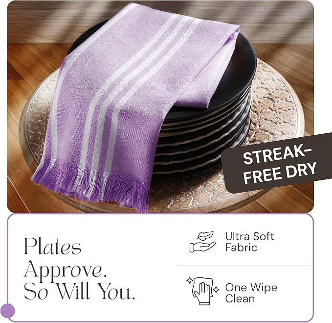 Stripe Kitchen Towels 3 Pack, 16x26 Inch, 100% Cotton, Super Absorbent & Quick Dry, Durable, Fringed Dish Towel for Drying Dishes, Washable, Light Orange, Lemon Green, Lavender