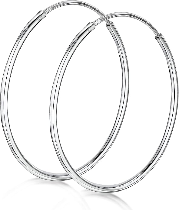Amberta® 925 Sterling Silver Fine Circle Endless Hoops - Polished Round Sleeper Earrings Diameter Size: 20 30 40 60 75 mm