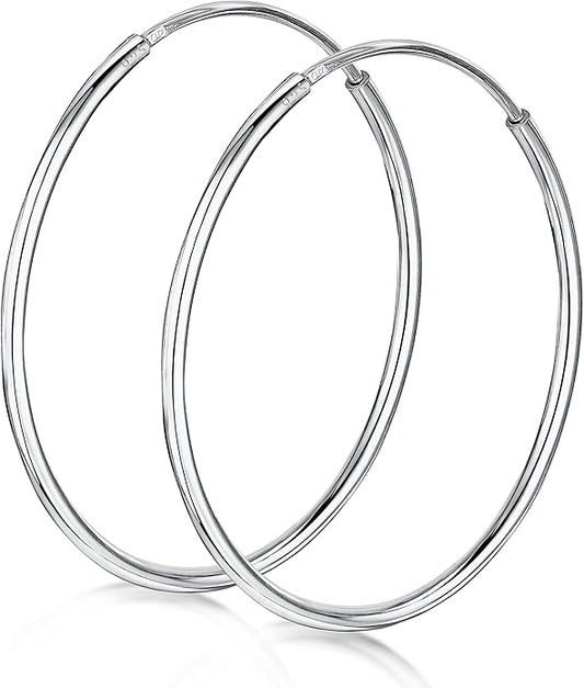 Amberta® 925 Sterling Silver Fine Circle Endless Hoops - Polished Round Sleeper Earrings Diameter Size: 20 30 40 60 75 mm