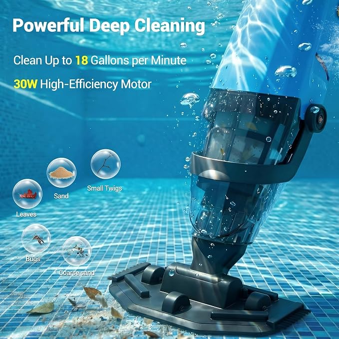 Handheld Pool Vacuum for Above Ground Pool, 4-Section Detachable Pole, 18 GPM Powerful Suction, 60 mins Runtime, 120μm Fine Filter, Cordless Pool Cleaner for Leaves, Sand and Debris, Blue