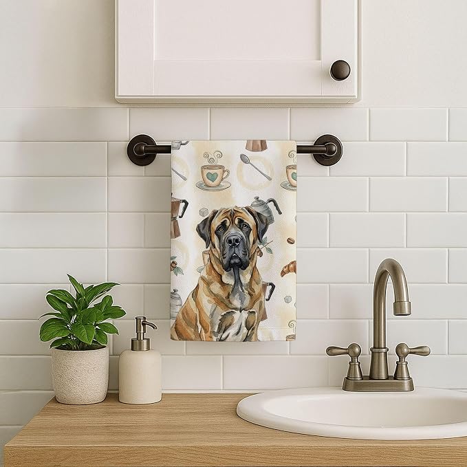 Caroline's Treasures Brindle English Mastiff Coffee Bar Kitchen Towel Velour Plush Front and Cotton Loop Back Machine Washable