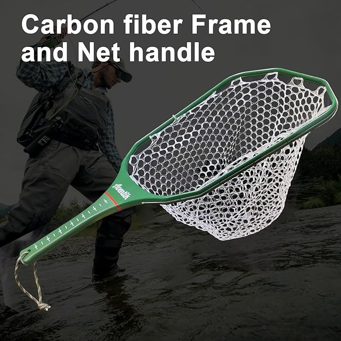 Aventik Floating Fly Fishing Net Carbon Fiber Square Landing Net with Accurate Measuring Handle Clear Rubber Ghost Mesh for Professional Trout Fishing Catch & Release