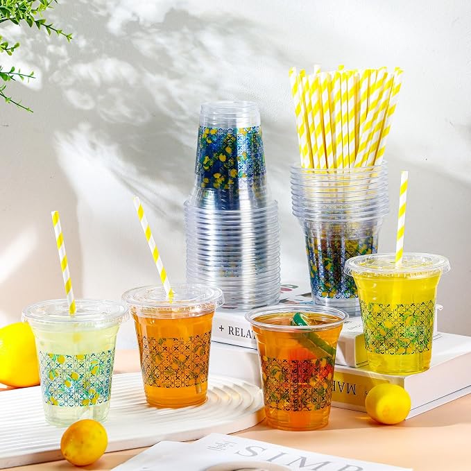 Umigy 100 Pack Plastic Disposable Cups with Lids and Straws 12 oz Disposable Cups for Juice Water Coffee Summer Party Sports Party Supplies (Capri Lemon)