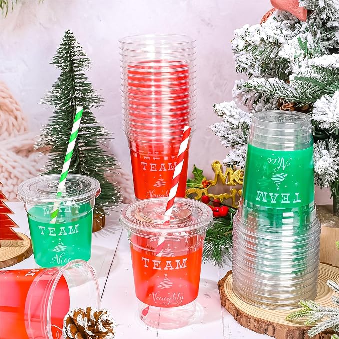 JarThenaAMCS 50 Pcs 12oz Christmas Plastic Cups with Lids and Straws Red Green Team Naughty or Nice Xmas Disposable Party Cups for Beverages Drinks Holiday Party Supplies