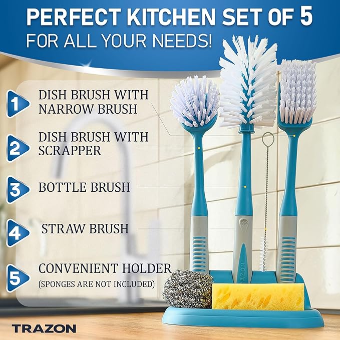 Dish Brush Set of 5 with Convenient Holder, Kitchen Scrub Brushes Non Slip Long Handle for Sink Dishes Cup Pot + Trazon 3-Piece Scrub Brush Set - Blue