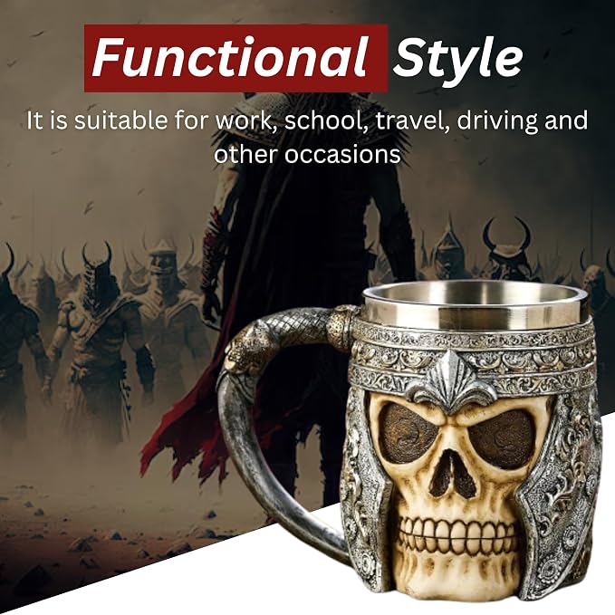 Rite Edge Knight Skull Mug 500-600ml - Resin & Stainless Steel - Unique Medieval Design - Handcrafted Skull Mug - Ideal for Collectors and Fans of Knights and Medieval Fantasy