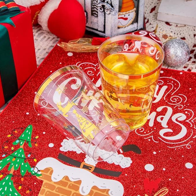 supernal 100pcs Christmas Party Cups,Gold Plastic Cups with Christmas Design,Plastic Party Cup,Disposable Cups,10oz Christ's Mass and Disposable Cups for Xmas Party