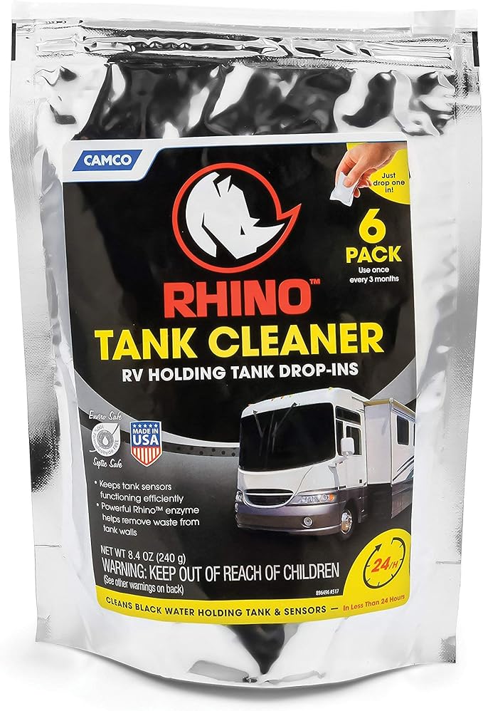 Camco Rhino RV Holding Tank Cleaner Drop-INs | Features a Septic Safe Enzyme Complex and is Ideal for RVing, Boating, and More | 6 Count (41560)