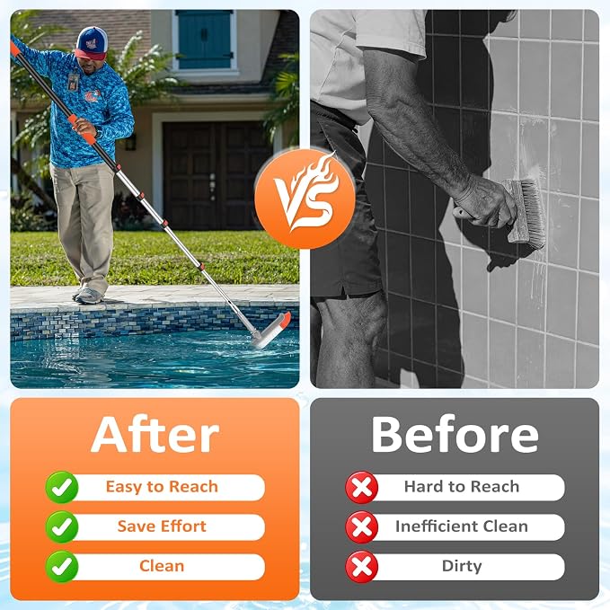 16FT Pool Brush with Pole, 19" Heavy Duty Swimming Pool Brush with 4-16FT Aluminum Telescopic Pole, Pool Scrubber Brush Head with Universal Adapter for Cleaning Pool Walls, Corners, Floors