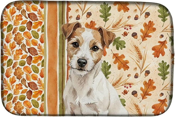 Caroline's Treasures White with Tan Markings Russell Terrier Heirloom Fall Dish Drying Mat Absorbent Dish Drying Mat Pad for Kitchen Counter Dish Drainer Mat for Countertop, 14 x 21", Multicolor