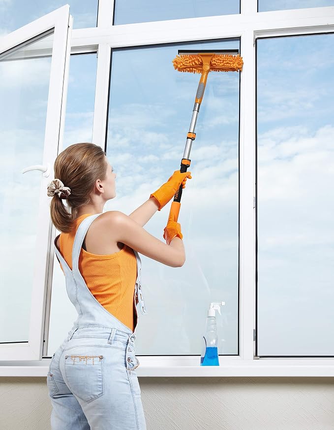 1.5-3 ft Window Squeegee with Long Handle & Cobweb Duster // Car Window Cleaner Tool & Window Squeegee with Scrubber with Telescopic Extension Pole