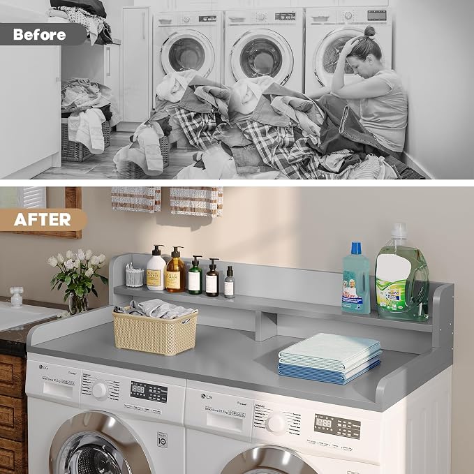 2-Tier Washer Dryer Countertop with 2.75" H Edge Rails, 58" W x 28" D Laundry Countertop for Folding Clothes, Washer and Dryer Topper with Non-Slip Pad (Gray)
