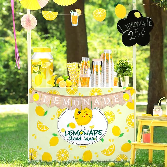 VitalCozy 205 Pcs Lemonade Stand Supplies Include 1 Gallon Plastic Lemonade Dispenser, Lemon Tablecloth, 2 Banner, Apron, 100 Paper Cups with Lids Straws for Lemon Party Supplies, Picnic, Beach Favor