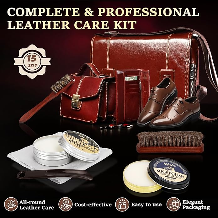 Shoe Shine Kit, Mens Gifts Ideas - 15PCS Shoe Polish Kit with Saddle Soap, Mink Oil, 3 Shoe Polishes, 3 Shoe Brushes and more, All-inclusive Leather Care Kit for Leather Shoe Boot Cleaning and Care