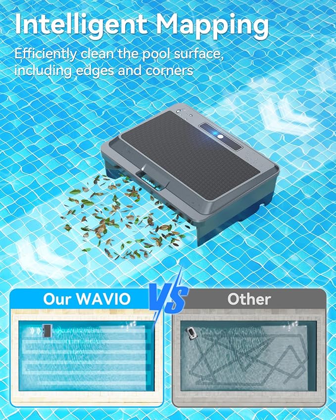 (2026 New) WAVIO Solar Powered Robotic Pool Skimmer Surface Cleaner with APP Support Dual Charging Options Smart Obstacle Avoidance 24/7 Continuous Cleaning Ideal for Above Ground Pools