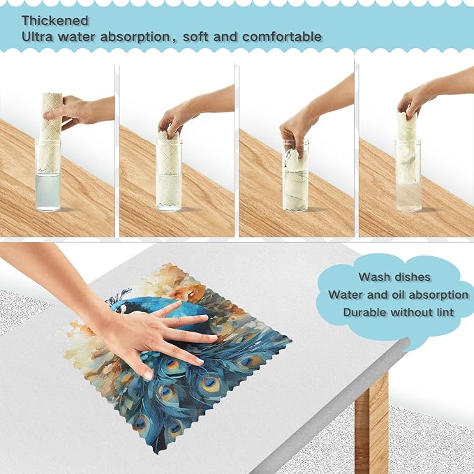 ALAZA Dish Towels Kitchen Cleaning Cloths Peacock Dish Cloths Absorbent Kitchen Towels Lint Free Bar Tea Soft Towel Kitchen Accessories Set of 6,11"x11"
