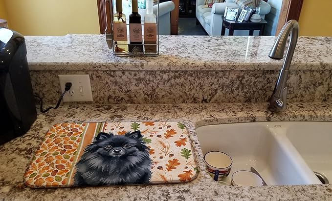 Caroline's Treasures Black Pomeranian Heirloom Fall Dish Drying Mat Absorbent Dish Drying Mat Pad for Kitchen Counter Dish Drainer Mat for Countertop, 14 x 21", Multicolor