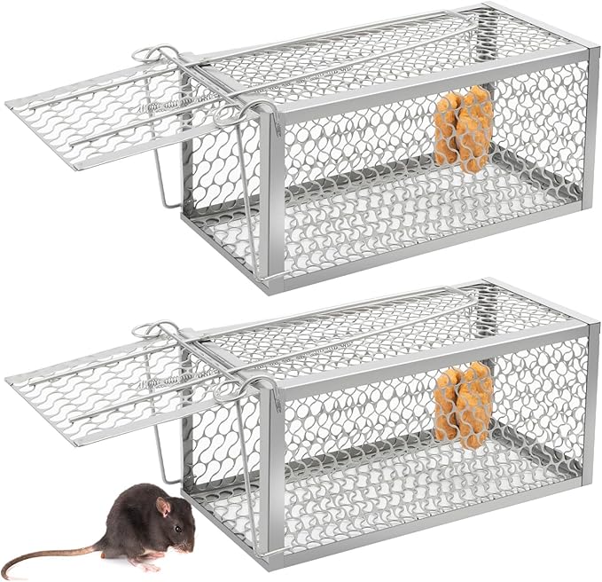 Qualirey 2 Pcs Humane Rat Trap Chipmunk Rodent Mouse Squirrel Trap 9.1 x 4.5 x 4.5 Inches Live Animal Mouse Voles Hamsters Live Cage Rat Cage for Mice Easy to Catch and Release (Silver)