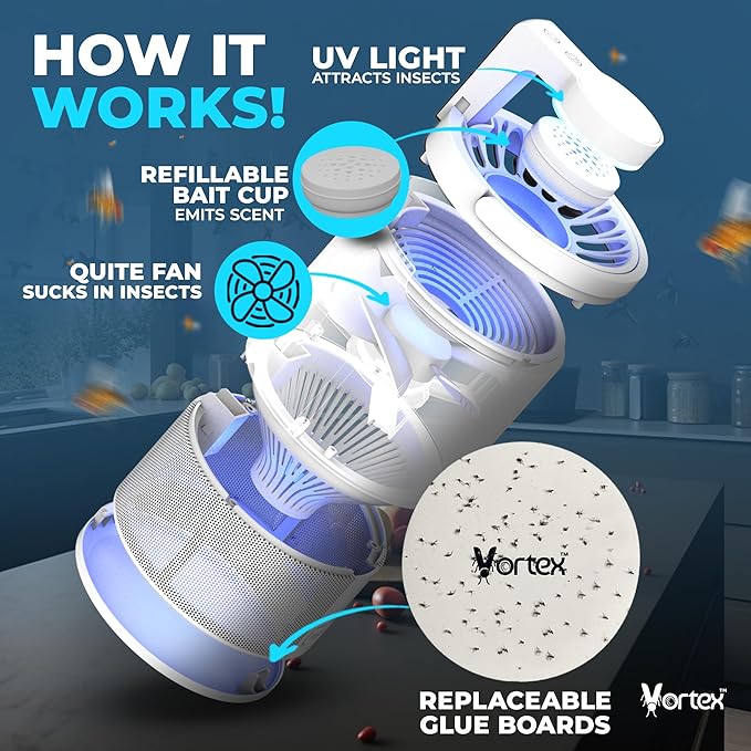 Vortex Indoor Insect Trap - Catcher & Killer for Fruit Flies, Gnat, Mosquito, Moth - UV Light Non Zapper Suction Glue Board - Bug Light Fruit Fly Trap (White)