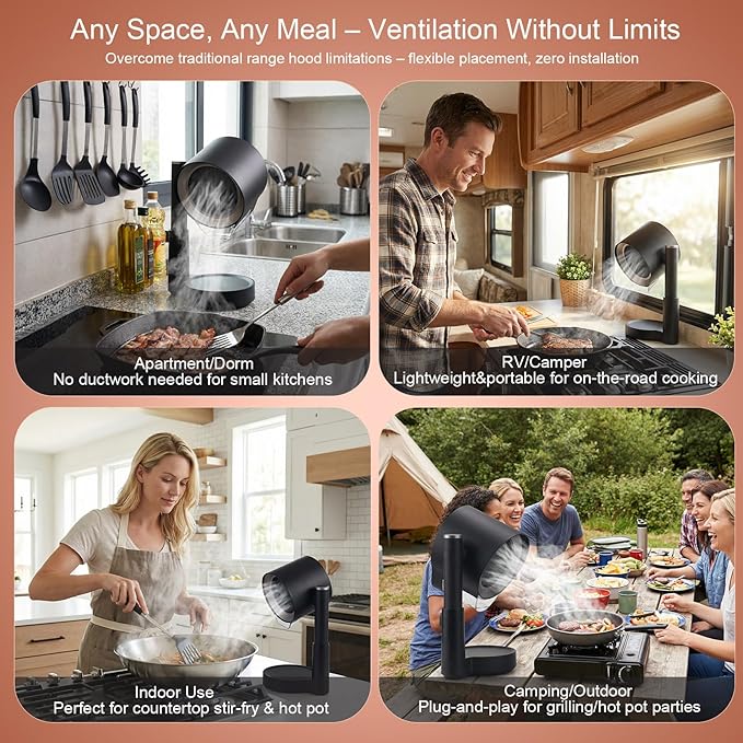 Portable Range Hood 2026 Upgrade, 3 Speed Low Noise Desktop Exhaust Fan, Detachable Aluminum Grease Filter & Oil Cup, Telescoping Compact Ductless Vent for Indoor Outdoor BBQ Hot Pot RV Cooking