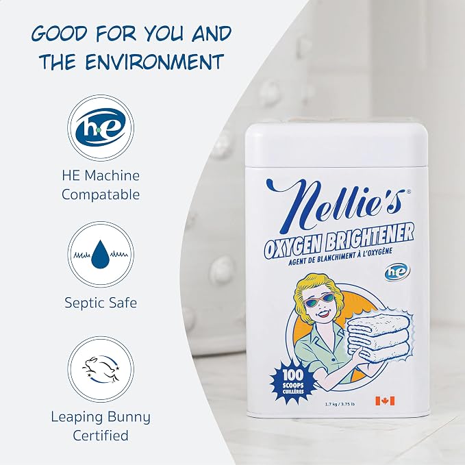 Nellie's Oxygen Brightener - 100 Scoops - Planet Friendly Stain Remover - Safe Alternative to Bleach - Septic-Safe Formula - Compact Powder Form - Made in Canada | Chlorine-Free, Colour-Safe & Septic-Safe, Concentrated Oxygen Brightener Powder, Made in...