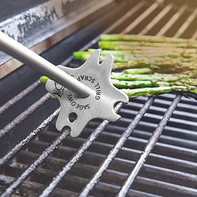 Sage Owl Stainless Steel BBQ Grill Scraper, Bristle-Free, 3-in-1, Silver, 17.5” Handle – Safe Grill Cleaner for Outdoor Grills, Includes Round and V-Shaped Grooves – Grilling Accessories for Men