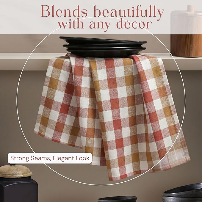 Multi Checkered Dish Towels 12 Pack, 18x26 Inches, 100% Cotton Kitchen Cloths, Quick Drying Wash Rags, Reusable & Absorbent, Washable Towels for Cleaning, Cooking - Rust, Tan, Natural