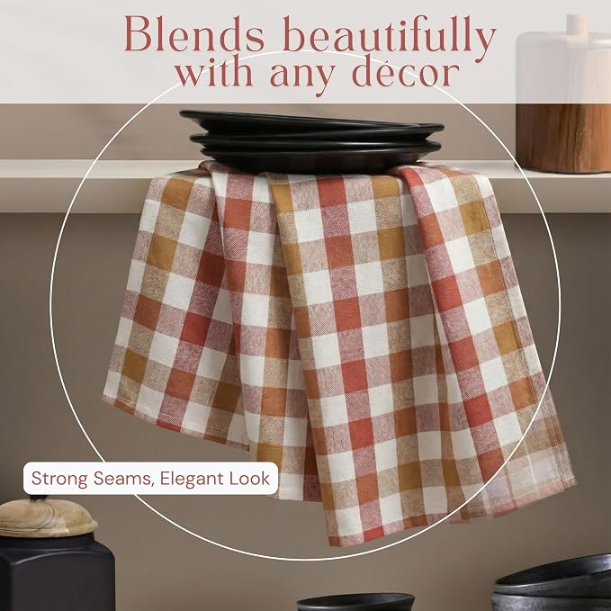 Multi Checkered Dish Towels 4 Pack, 18x26 Inches, 100% Cotton Kitchen Cloths, Quick Drying Wash Rags, Reusable & Absorbent, Washable Towels for Cleaning, Cooking - Rust, Tan, Natural