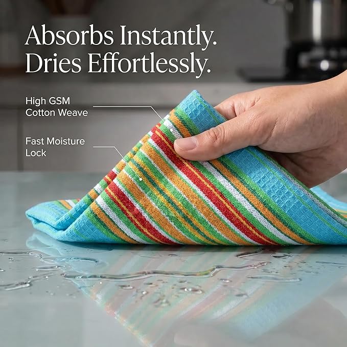 Urban Villa Kitchen Towels Waffle Stripes Dish Towels for Kitchen Azure Color Set of 6 Kitchen Towels Highly Absorbent Cotton Over Sized 20X30 in with Mitered Corners Kitchen Hand Tea Towels