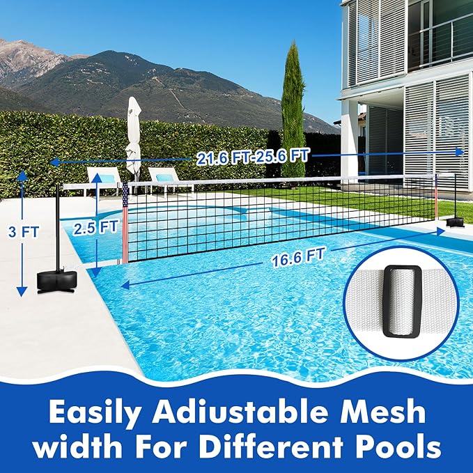 Portable Pool Volleyball Net System -4th of July Celebration Adjustable 16.5-26.5FT Length Net Includes 2 Water Volleyballs, Heavy-Duty Water-Filled Base Perfect for Pickleball, Tennis & Pool Games