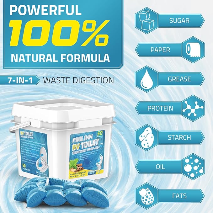 PAULINN RV Toilet Treatment Drop Ins, 50 Packs Septic Tank Treatment Pods Holding Tank Deodorizer for RV Black & Grey Water Tank Camper Marine Boat Camping