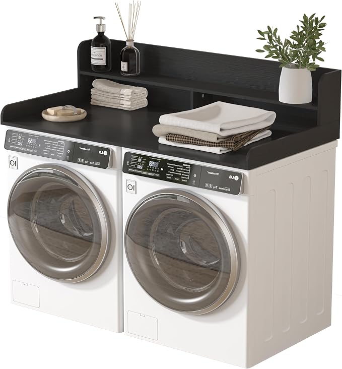 Piskyet Washer Dryer Countertop,2- Tier Laundry Countertop with Edge Rails,27.5" Depth x 54" Wood Countertop,Laundry Machine Topper for Laundry Room Organization and Storage(Black)