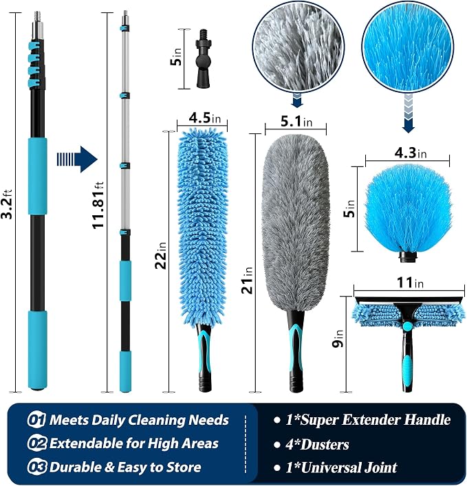 COVERONICS 20FT High Duster Cleaning Tools with 3-12FT Extension Poles - Reusable Fan Duster Cleaning Kits with Ceiling Fan Cleaner Duster, Window Squeegee, Microfiber Feather Duster & Cobweb Duster