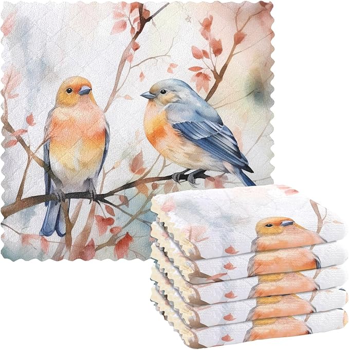 ALAZA Dish Towels Kitchen Cleaning Cloths Birds on Branch Dish Cloths Absorbent Kitchen Towels Lint Free Bar Tea Soft Towel Kitchen Accessories Set of 6,11"x11"