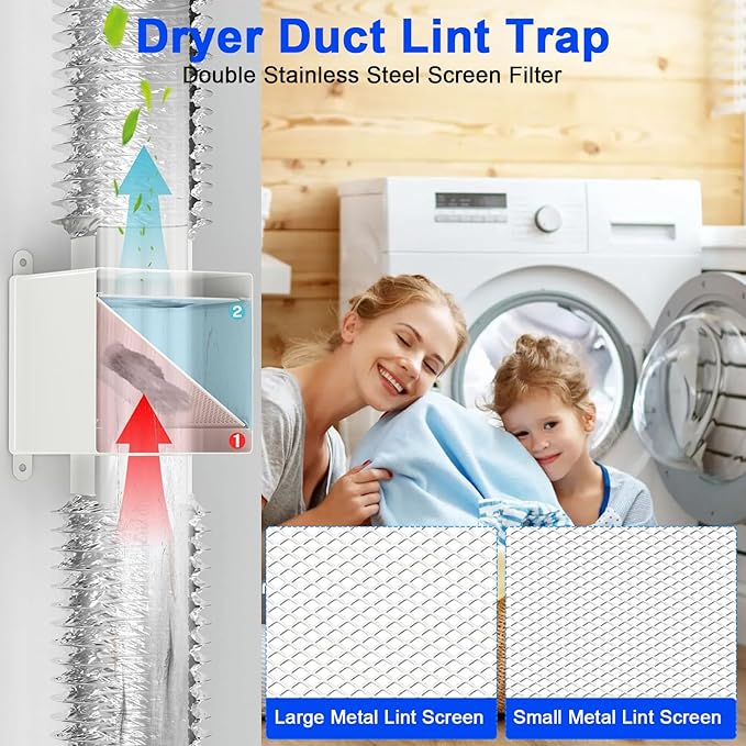 Metal Dryer Lint Trap & Catcher - Indoor Dryer Vent Kit with 90 Degree Dryer Vent Elbow,4" Hose & Clamps - Secondary Lint Box for Electric Dryers - Inline Lint Trap Box with Clear Window