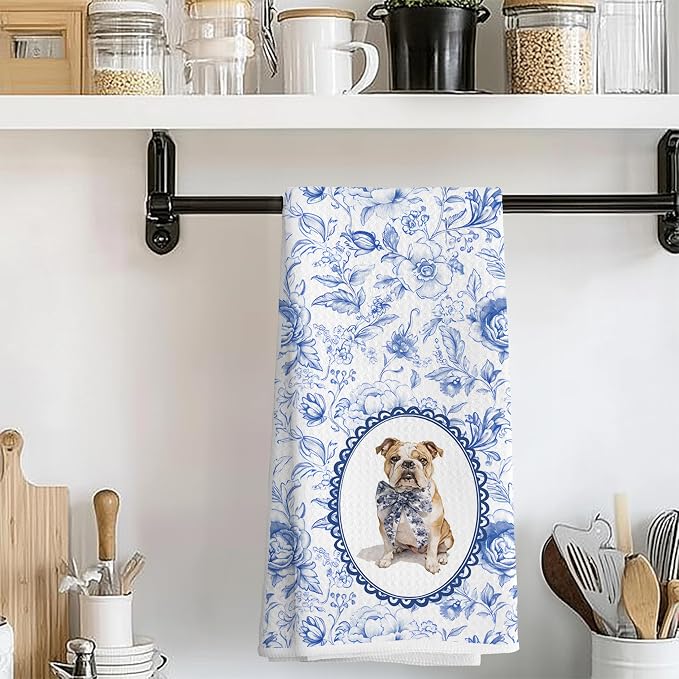 Chinoiserie French Bulldog Kitchen Towels, Blue and White Floral French Bulldog Gifts for Women Dish Tea Towels,Grandmillennial Botanical Dog Hand Towels for Kitchen Bathroom, 16x24 Inch