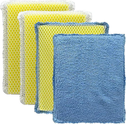 LOLA Microfiber & Nylon Net Sponges, 4 Pack, 2 Dual Sided Non Scratch Sponge Pads & 2 w/Microfiber Cloth One Side and Netting on the Other Side
