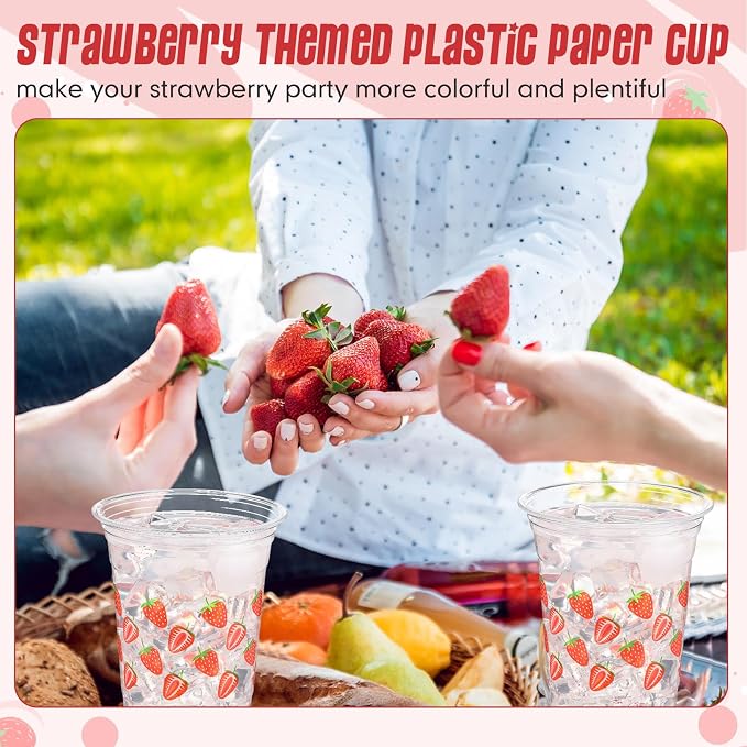 Jingmore 100 Pcs Strawberry Disposable Cups 16 oz Clear Plastic Drinking Cups Bulk for Spring Summer Holiday Birthday Wedding Juice Hot Cold Drinks Party Supplies(Strawberry)