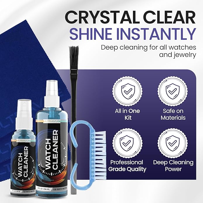 Watch Cleaning Kit - Cleans All Watches and Jewelry Including Metals, Crystals and Rubber - 1 x 2oz and 1 x 8oz Watch Cleaner Gel Spray, 3 x Microfiber Cloth, 2 x Horsehair Brush