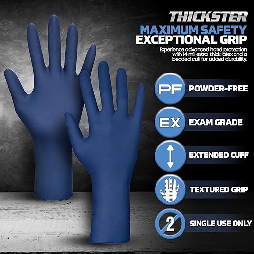 SAS Thickster Exam Grade Latex Gloves 2XL, 12" Length Powder-Free 14 Mil Puncture Resistant, Disposable Heavy Duty Work Gloves, Mechanic, Janitorial & Cleaning Supplies, 10 Boxes of 50-500 Count