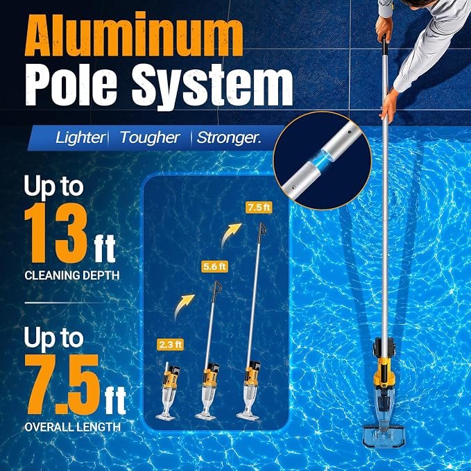 Cordless Handheld Pool Vacuum for Above Ground Pool Compatible for Dewalt 20V Battery, Swimming Leaf Vacuum Cleaner with Suction 18.5 GPM ｜7.5Ft ft Max Reach Ideal for Leaves & Debris(No Battery)